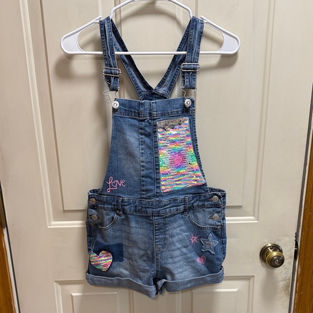 Jordache Blue Denim Kids Overalls with Colorful Patches and sequins. Size XL